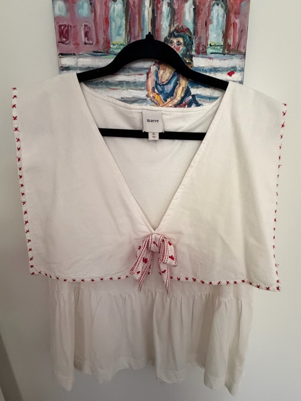 Maeve Anthropologie XL White Red Embroidered Tie Front Peplum Blouse
